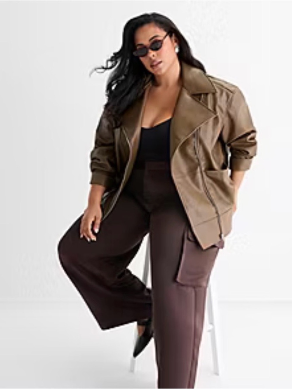 NWT Ashley Graham Faux Leather Moto Jacket Brown Size 1x - Picture 5 of 7